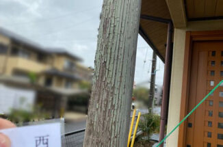 石岡市で築40年の家の現地調査。玄関化粧柱がボロボロ！雨樋には欠けや染みがみられました