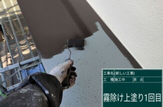 石岡市の屋根塗装現場で霧除け塗装。小さな屋根にも遮熱塗装で快適に！