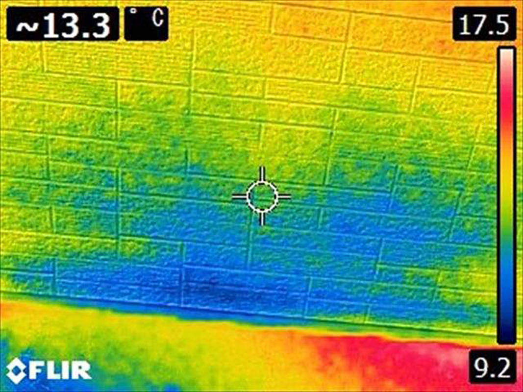 サーモグラフィーの画像、外壁の一部が青くシミが広がっている