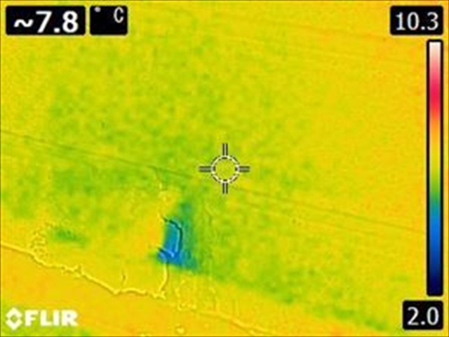 サーモグラフィー写真、剥がれた部分から青くなっている