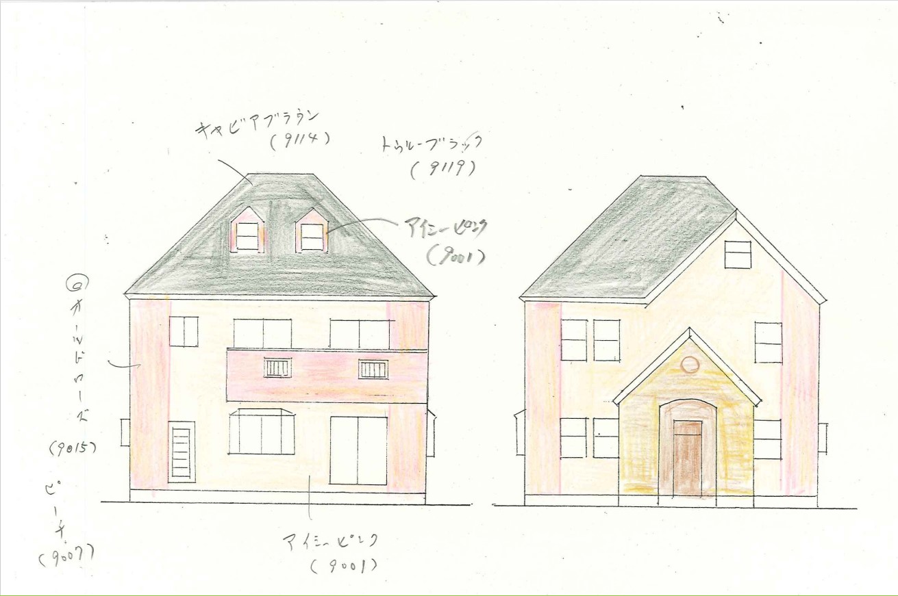 北南からみた建物外観図、色が塗られている